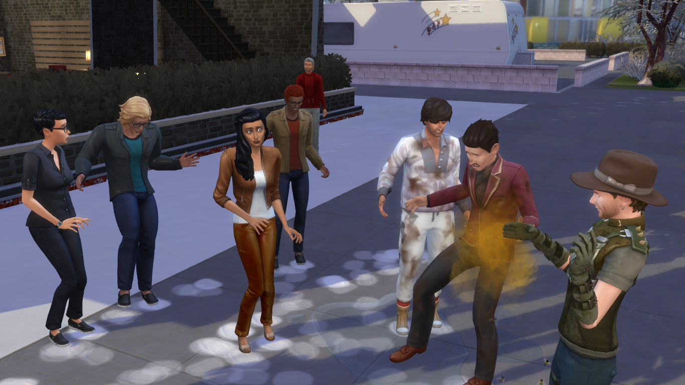 Screenshot of Sims being hit with Mischief Bladder spell